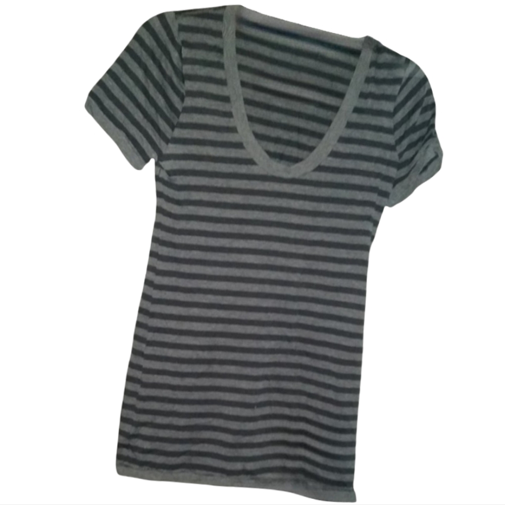 Metalicus Gray Navy Blue Stripes Deep V Neck Top Striped T Shirt Stretchy Tee M